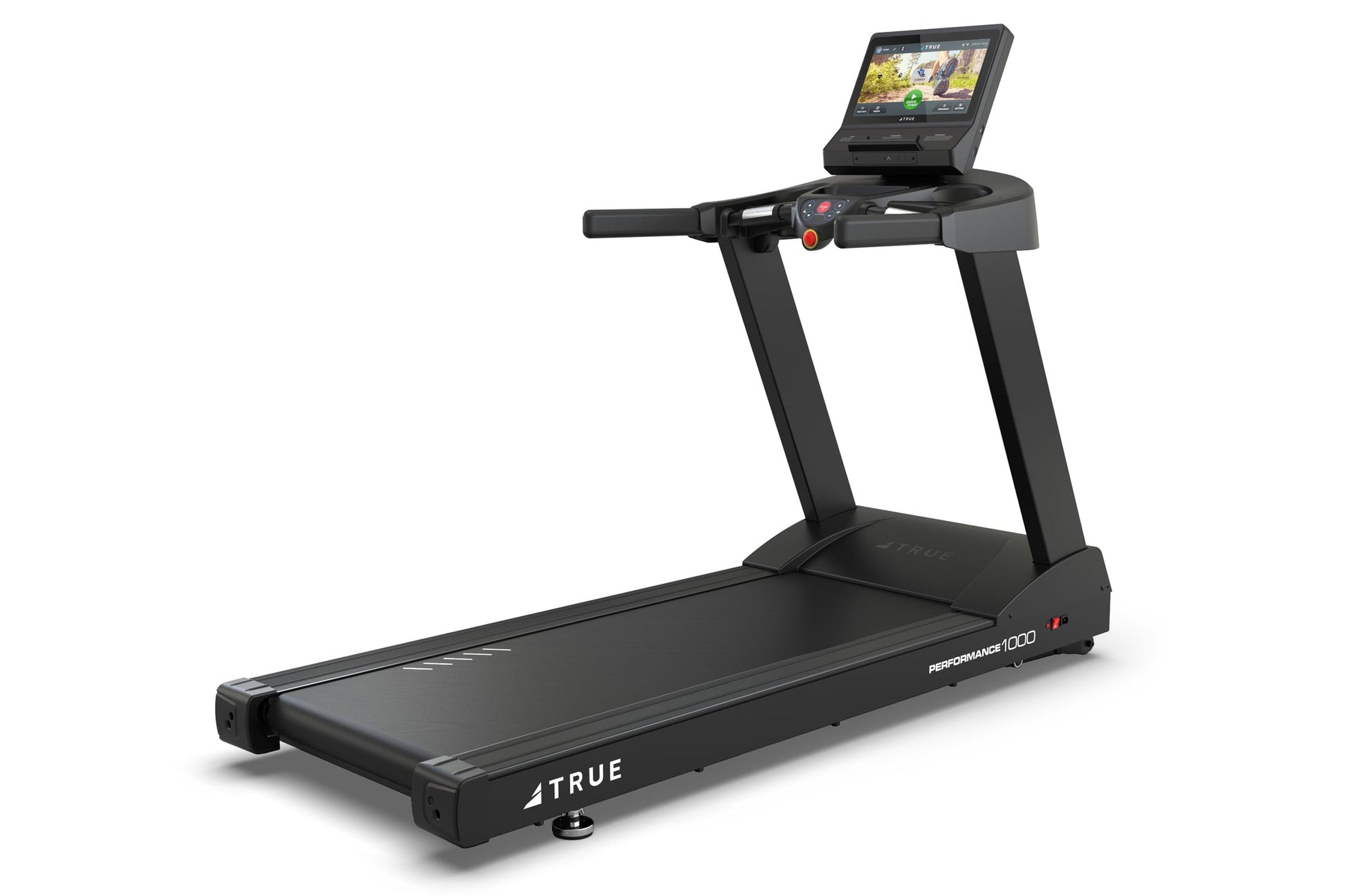 Black TRUE Performance 1000 treadmill with digital display console, handrails, and wide running belt on white background