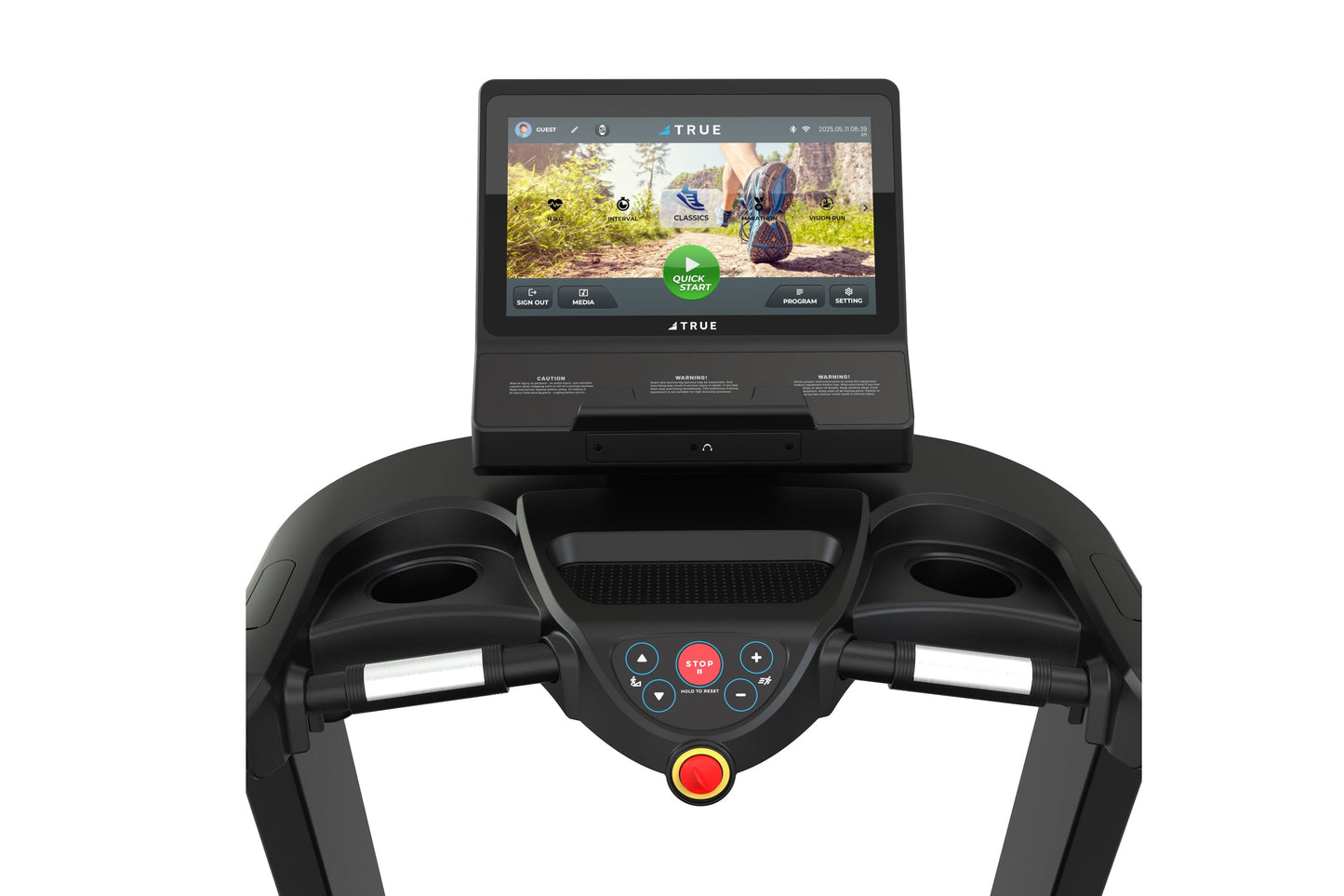Black TRUE Performance 1000 treadmill with touchscreen console displaying fitness app interface and dual handlebar controls w