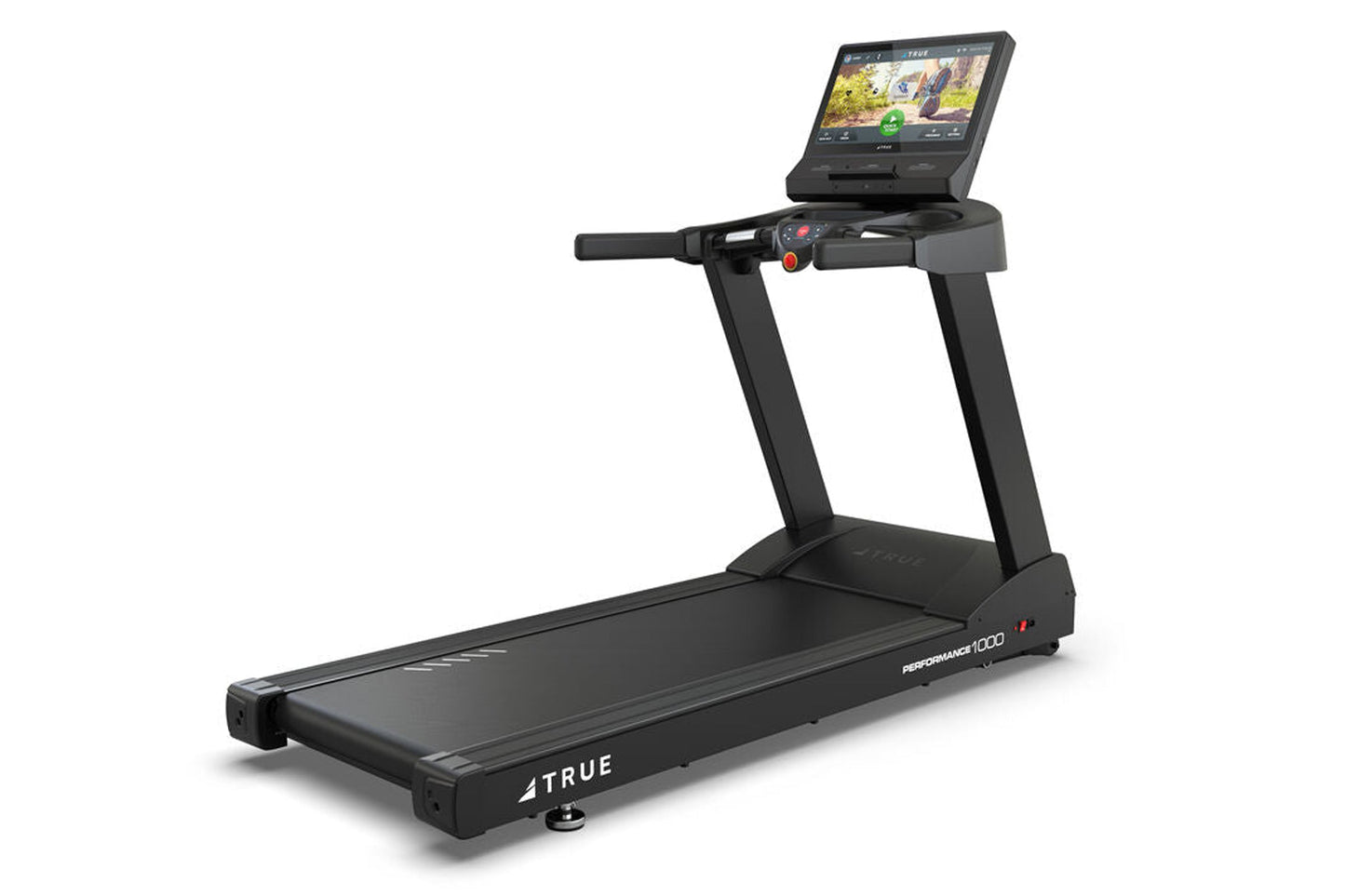 Black True Performance 1000 treadmill with digital display console showing workout content on white background