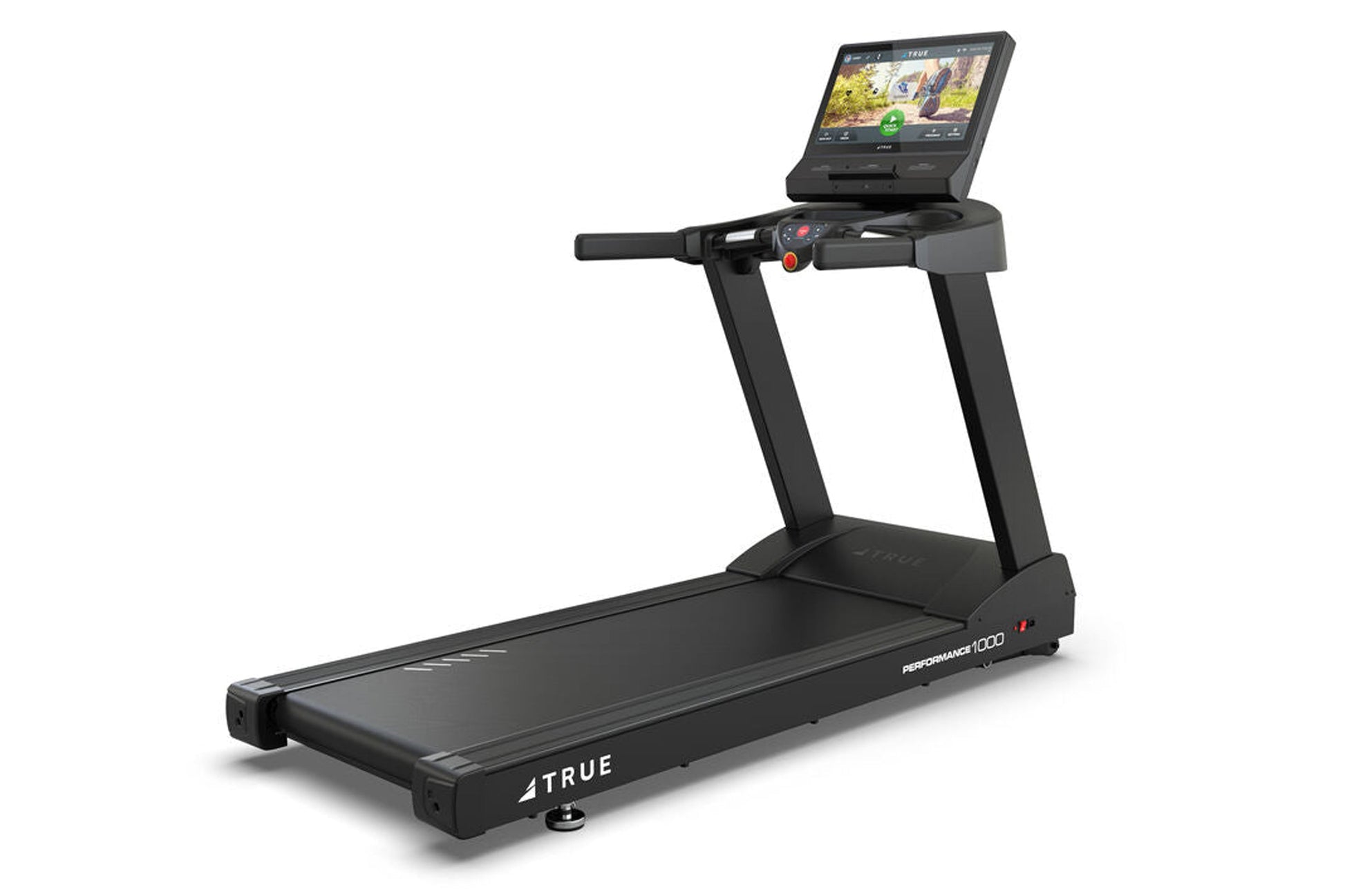 Black True Performance 1000 treadmill with digital display console showing workout content on white background