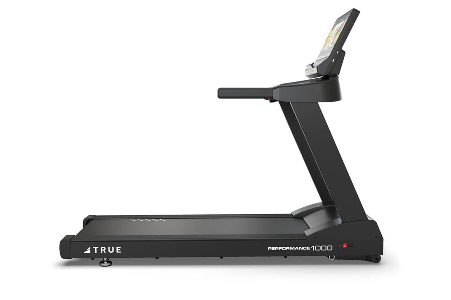 True Performance 1000 black treadmill with digital display console and adjustable handlebar on white background