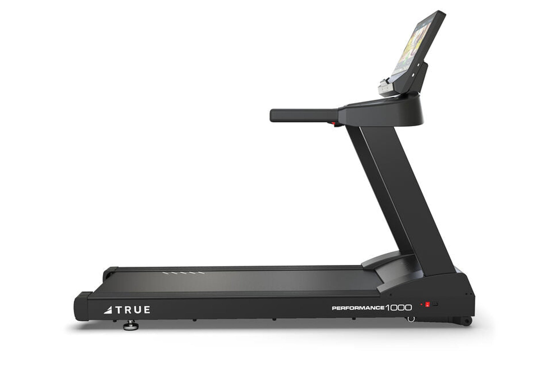 True Performance 1000 black treadmill with digital display console and adjustable handlebar on white background