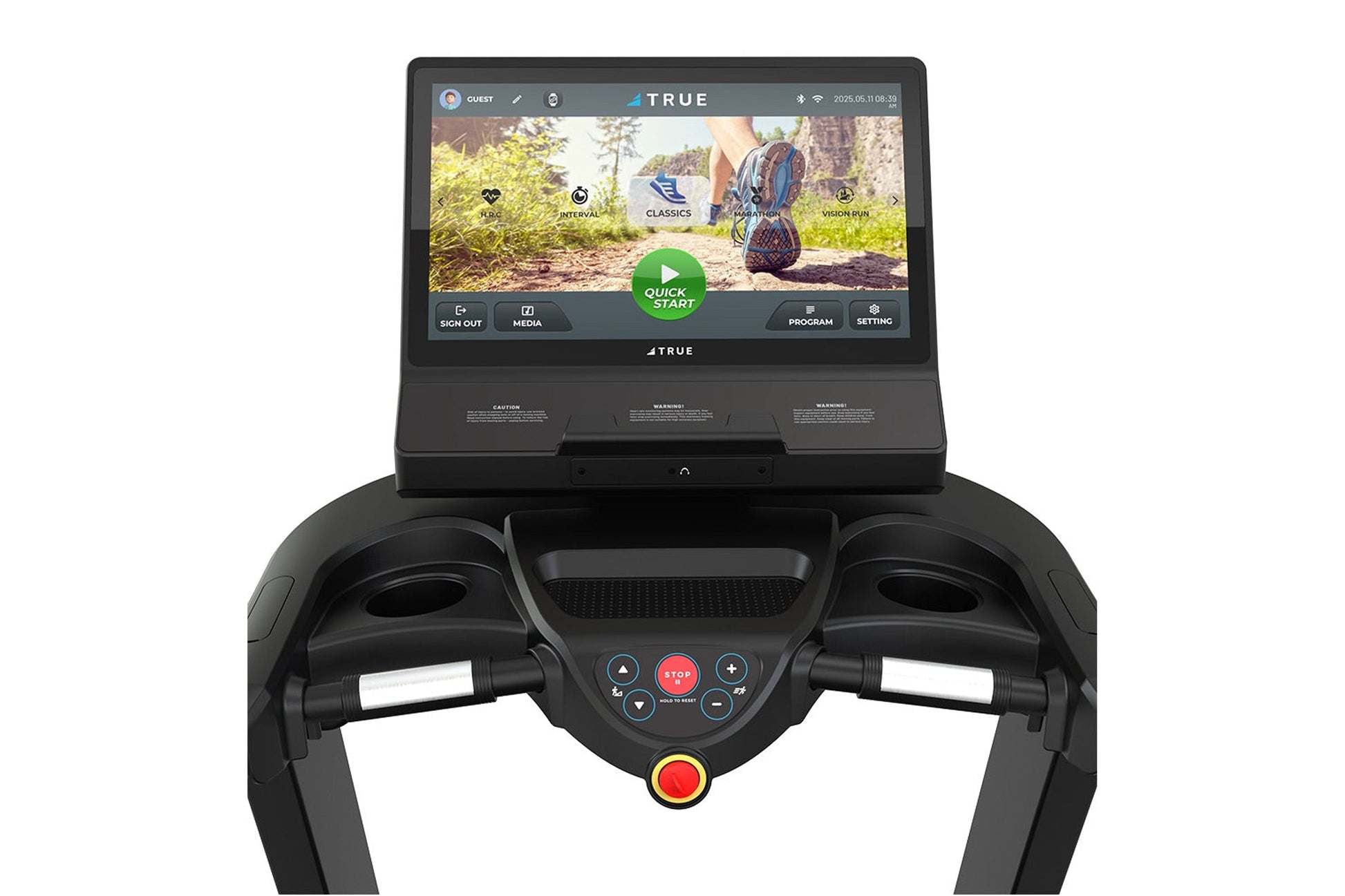 TRUE Performance 1000 treadmill with black frame, dual handles, digital display screen showing running app interface, and con