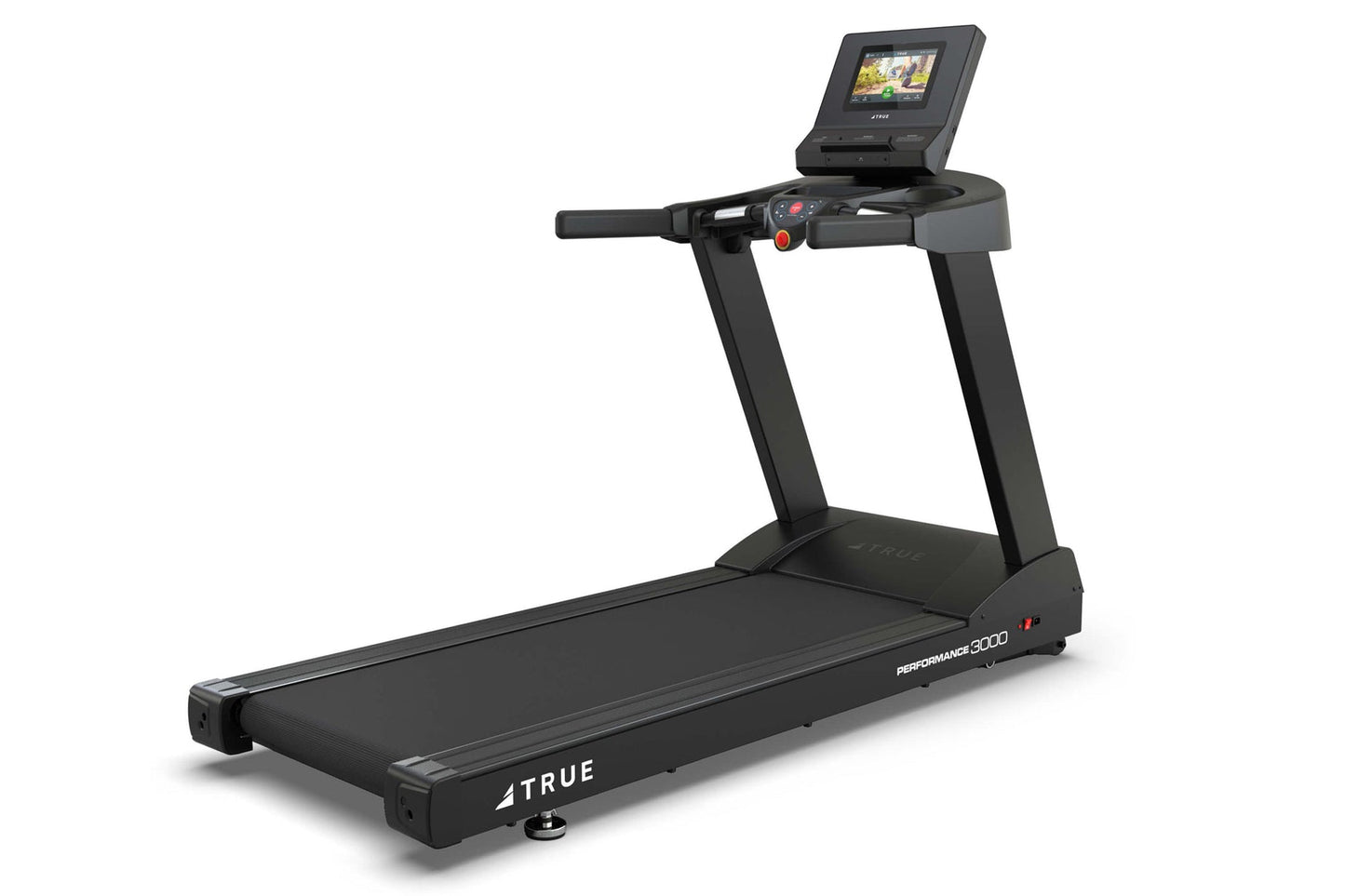 Black TRUE Performance 3000 treadmill with digital console display, handlebar controls, and cushioned running belt on white b