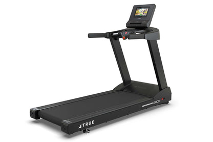 Black TRUE Performance 3000 treadmill with digital console display, handlebar controls, and cushioned running belt on white b