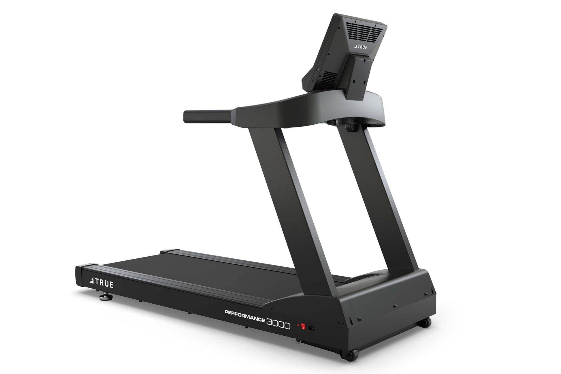 TRUE Performance 3000 black treadmill with digital display console and fan mounted on top, on white background