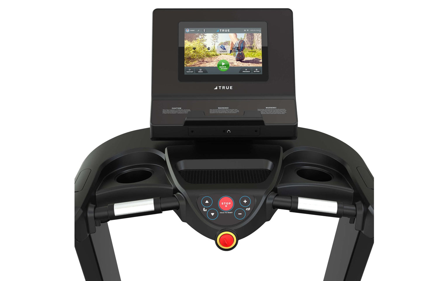 TRUE Performance 3000 black treadmill with dual handles, control console with red stop button, and touchscreen display showin