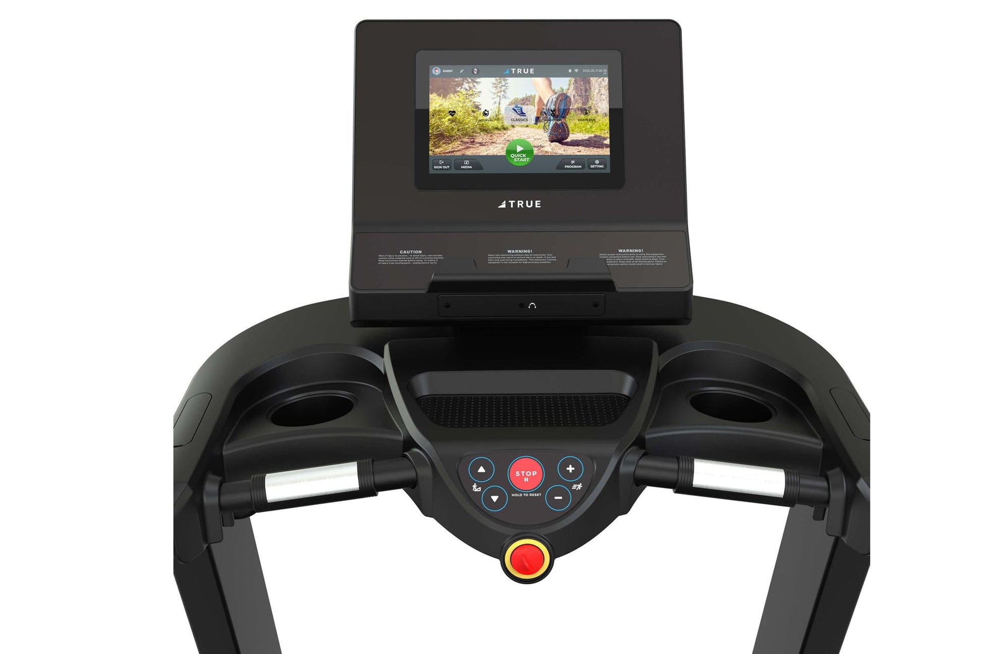 TRUE Performance 3000 black treadmill with dual handles, control console with red stop button, and touchscreen display showin