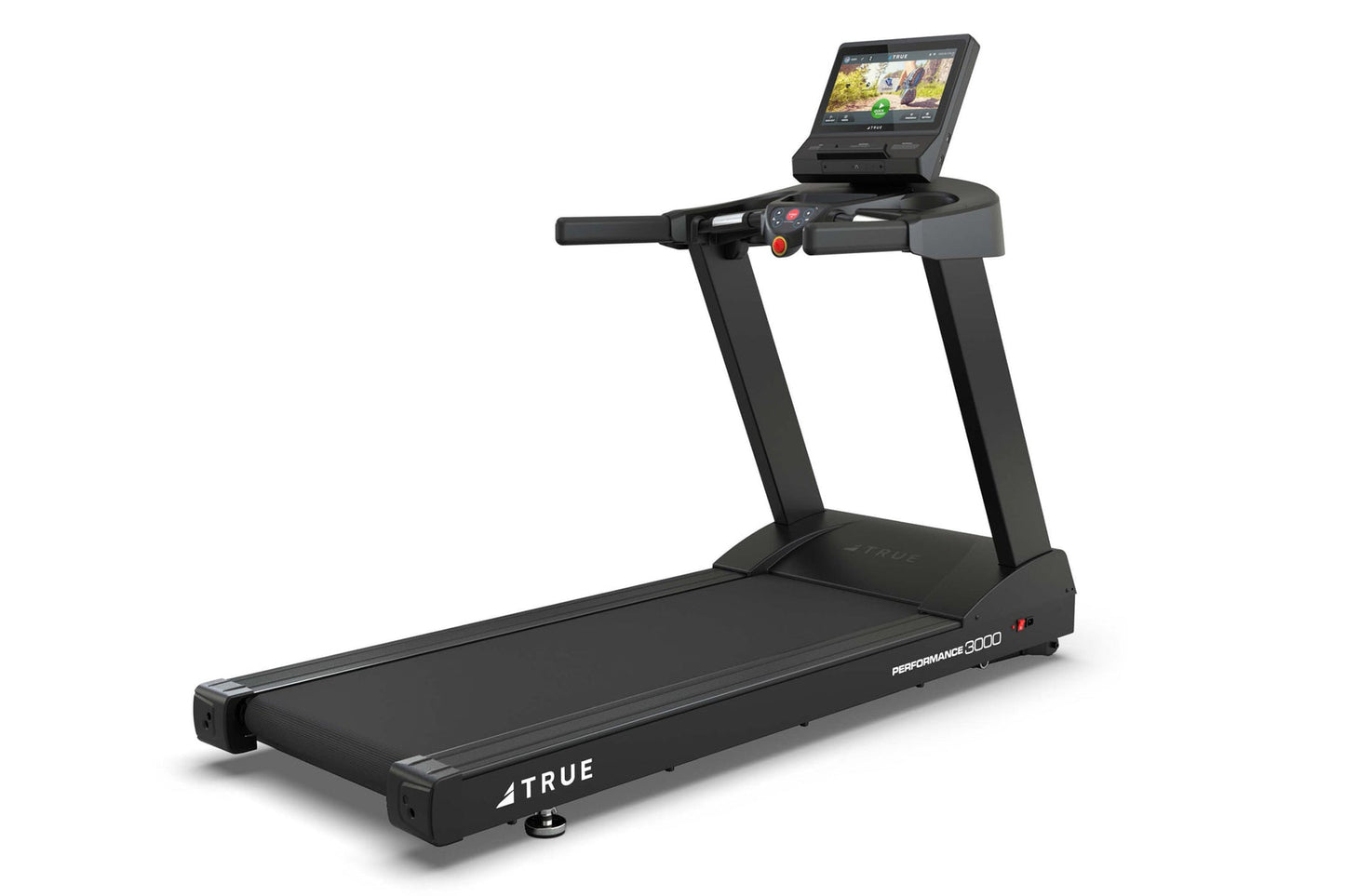 Black TRUE Performance 3000 treadmill with digital display console, control panel, and cushioned running deck on white backgr