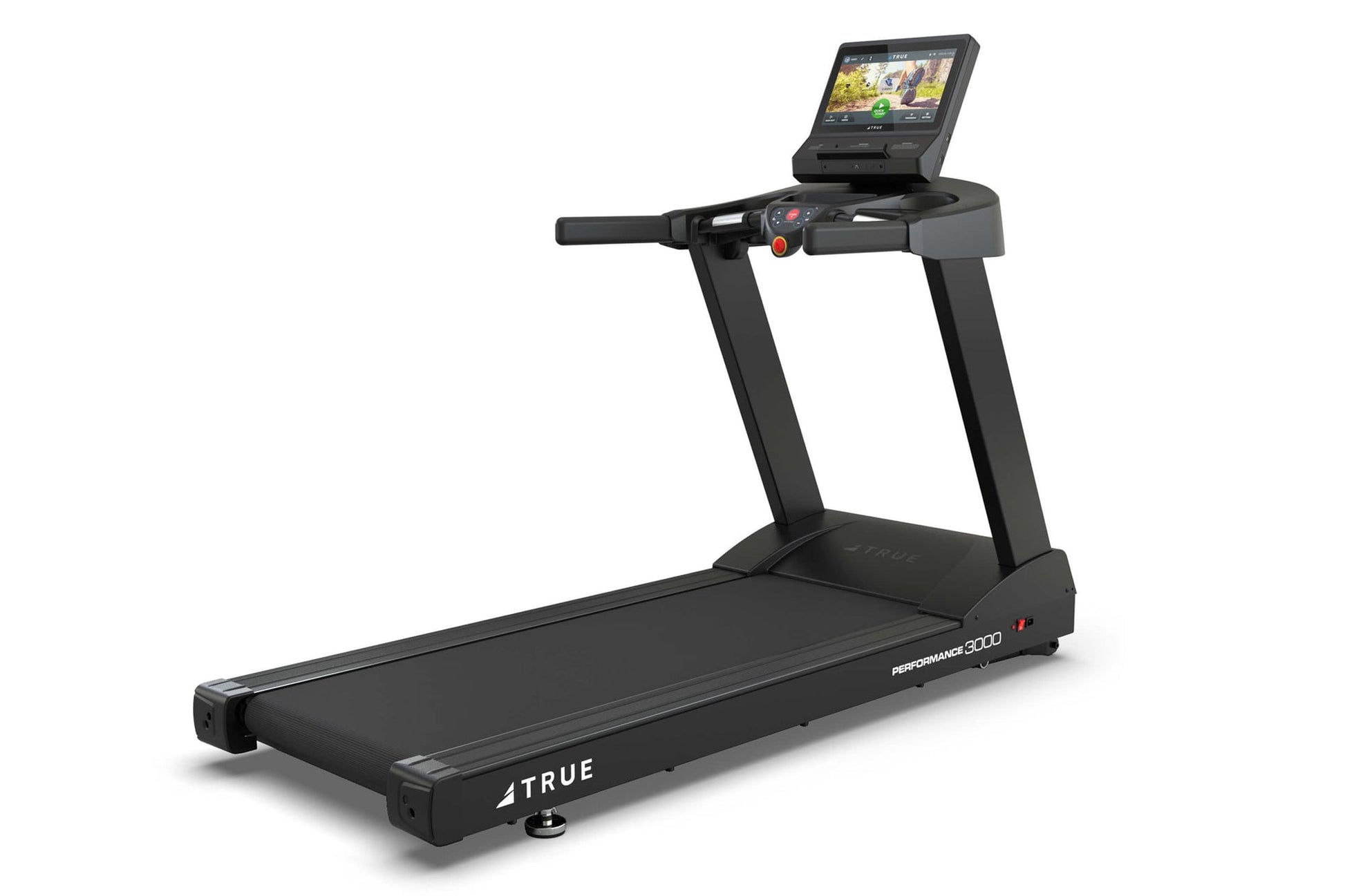 Black TRUE Performance 3000 treadmill with digital display console, control panel, and cushioned running deck on white backgr