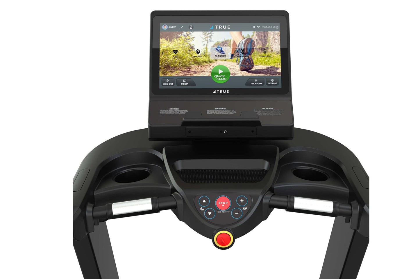 TRUE Performance 3000 treadmill with black frame, digital touchscreen display showing hiking program, and control console wit