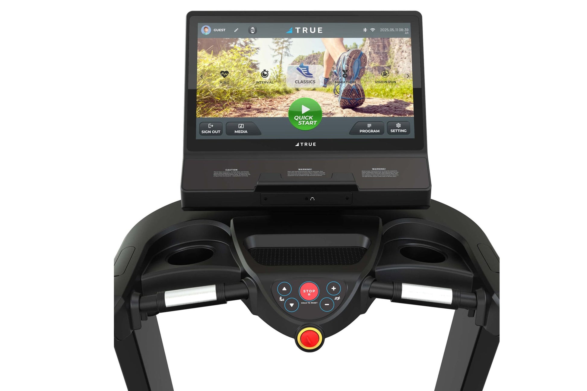 Black treadmill with dual handles, center control console featuring red stop button, and digital display screen showing runni