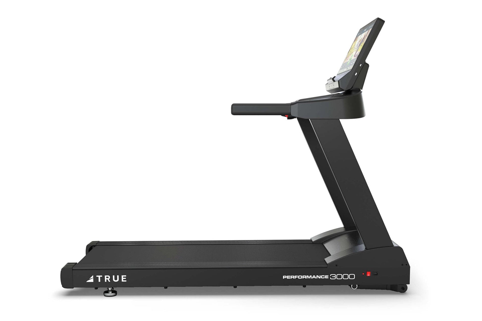 TRUE Performance 3000 black treadmill with digital display console and cushioned running deck on white background