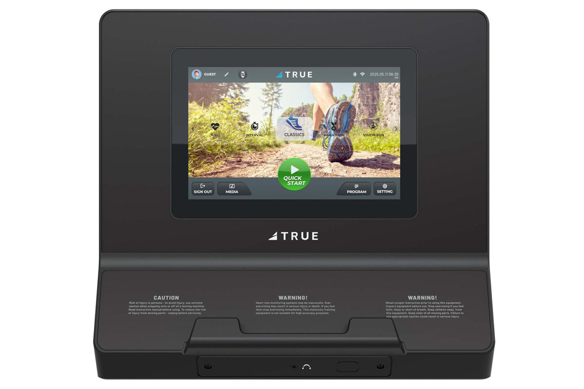 True Performance 3000 treadmill console displaying running app interface with trail scenery on screen, black frame on white b