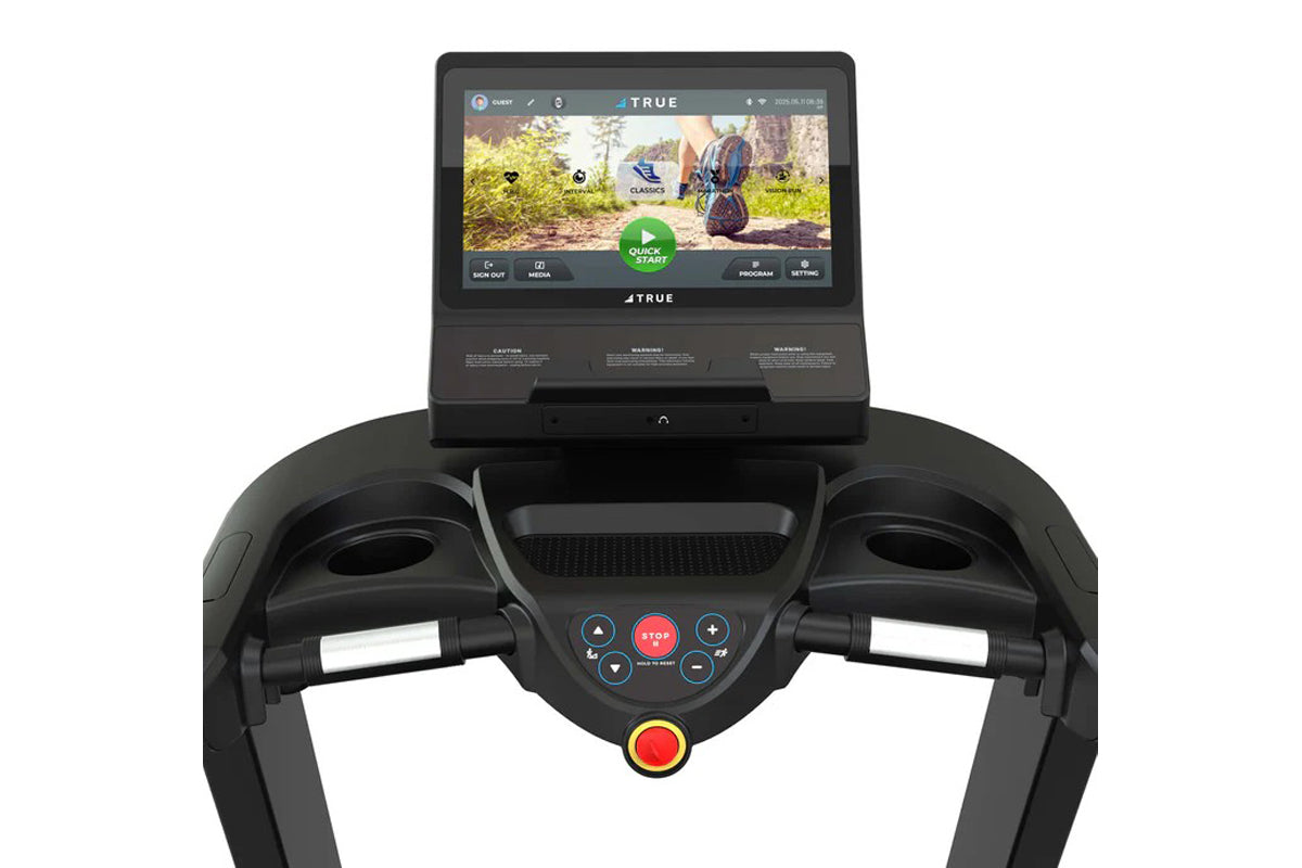 True Performance 8000 treadmill with black frame, dual handles with white grips, and console display showing running trail wo