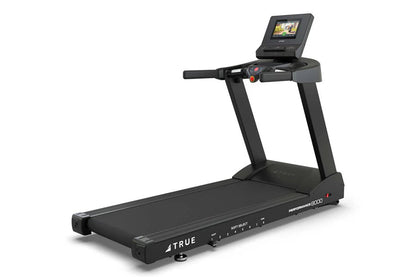 Black True Performance 8000 treadmill with digital touchscreen console, control panel, and cushioned running deck on white ba