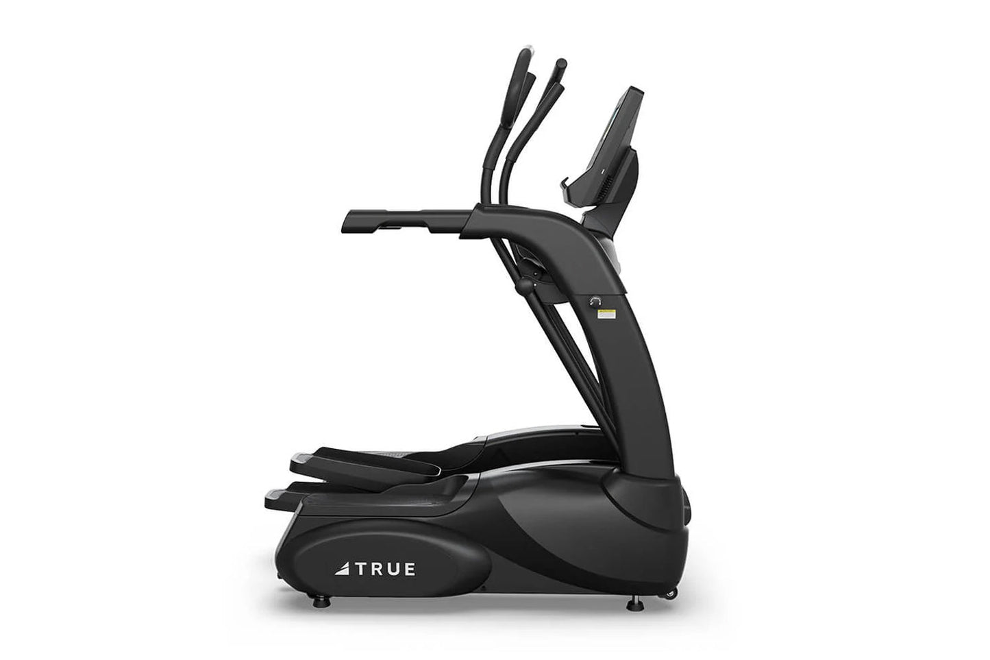 Black elliptical exercise machine with dual moving arms, digital display console, and footrests on white background