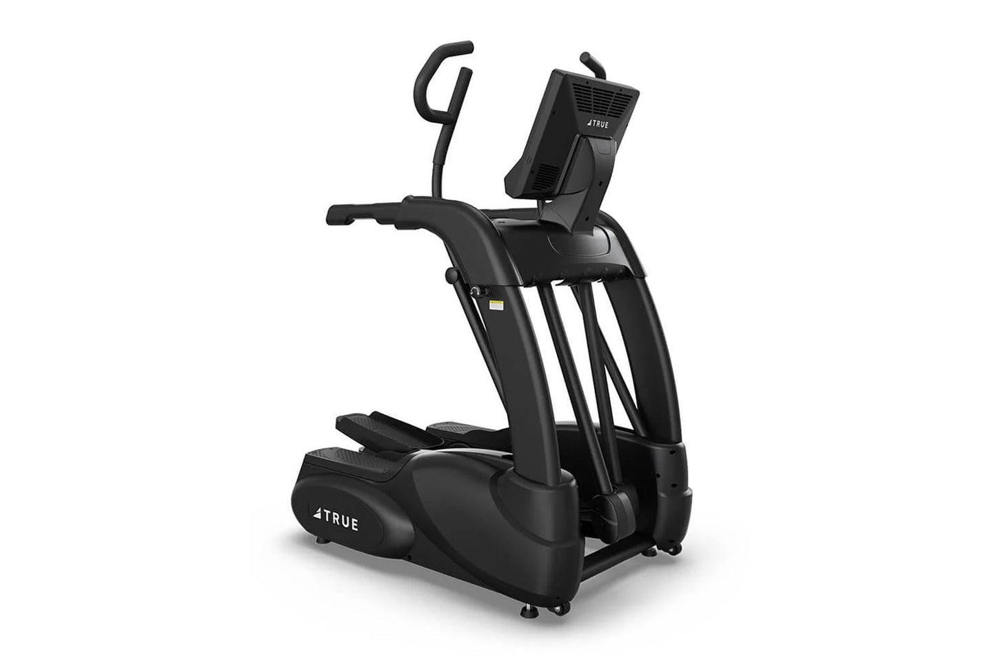Black 4True commercial elliptical machine with dual handlebars, padded footplates, and tablet holder on white background