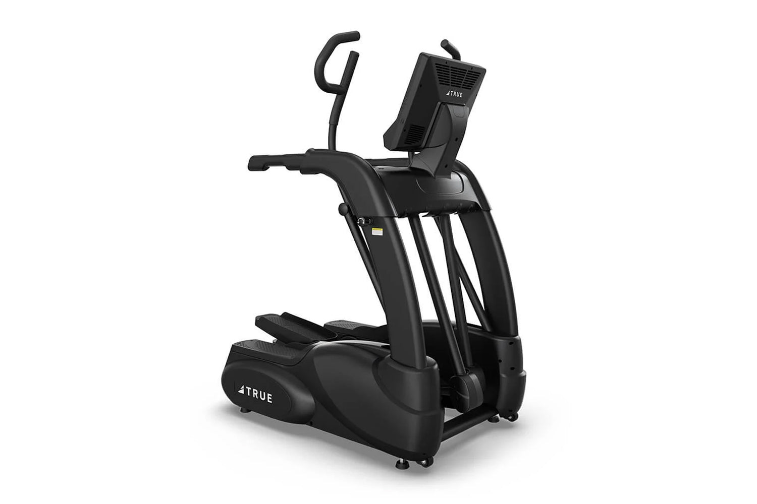 Black 4True commercial elliptical machine with dual handlebars, padded footplates, and tablet holder on white background