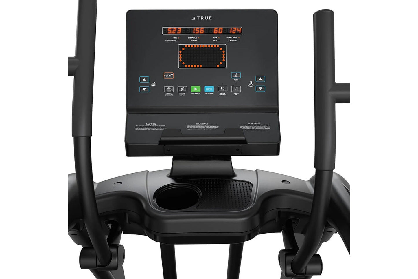 TRUE Performance Series elliptical with black frame, digital console displaying workout metrics in orange and blue text, and 