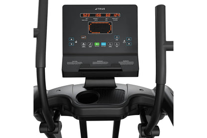 TRUE Performance Series elliptical with black frame, digital console displaying workout metrics in orange and blue text, and 