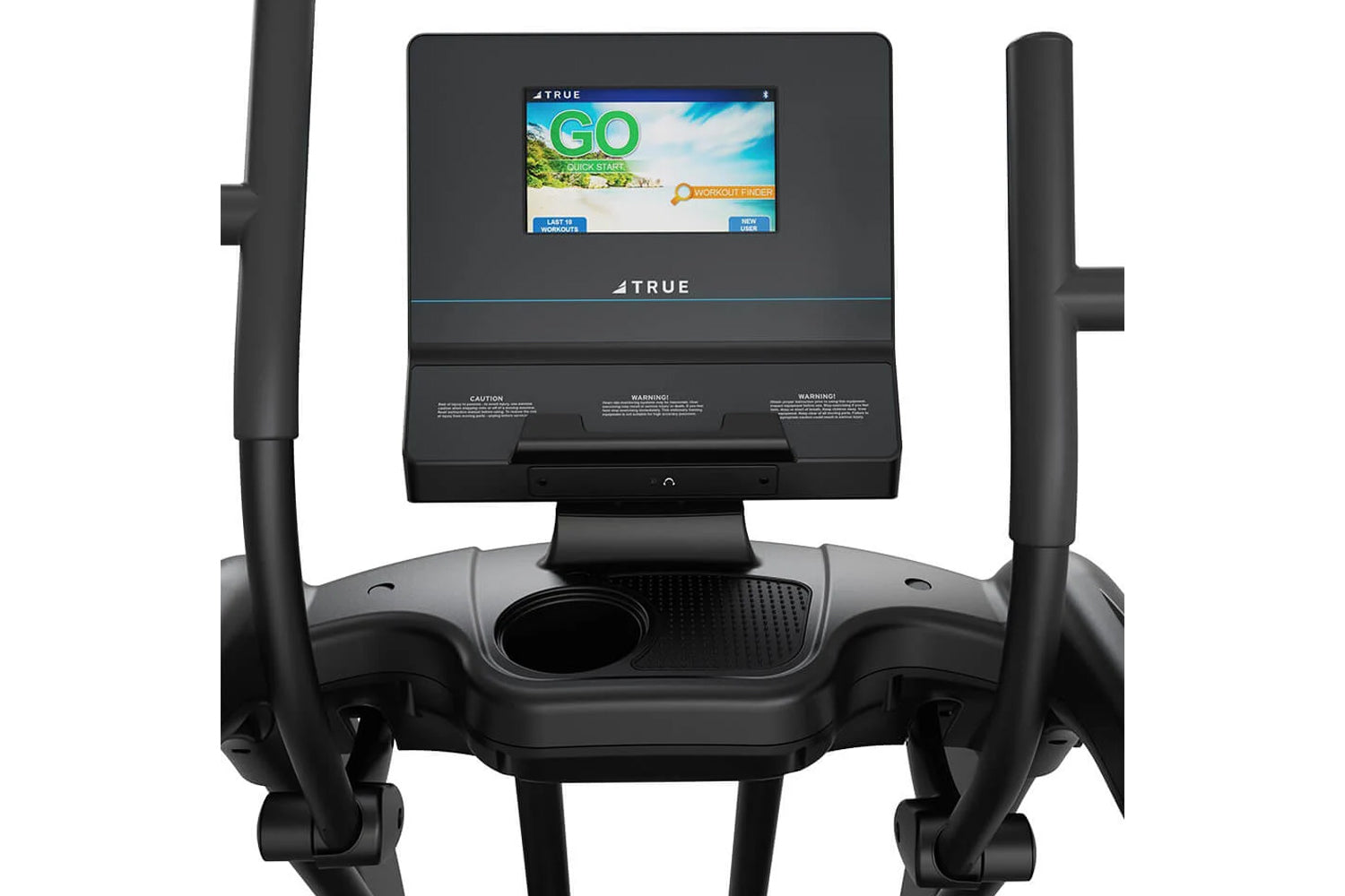 True Performance Series elliptical with black frame, upright handles, and touchscreen display showing GO workout program on w