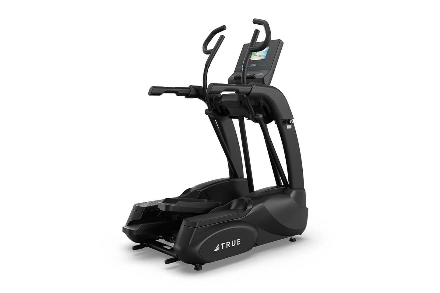 Black TRUE elliptical machine with digital display console, curved foot pedals, and dual upper body handles on white backgrou