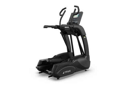 Black TRUE elliptical machine with digital display console, curved foot pedals, and dual upper body handles on white backgrou