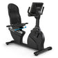 Black recumbent exercise bike with mesh backrest, blue resistance adjustment lever, and digital display console mounted on up