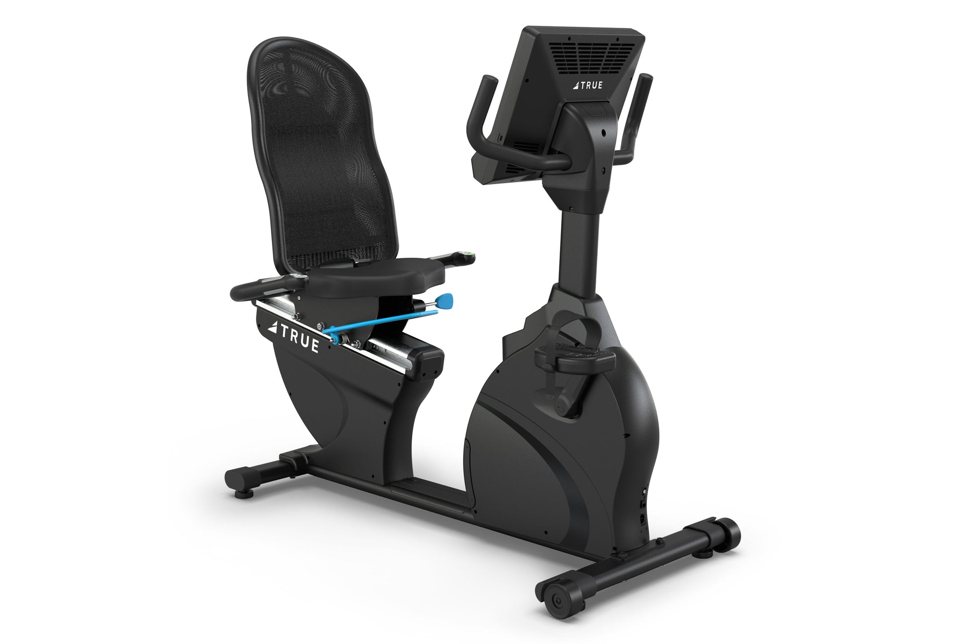 Black recumbent exercise bike with mesh backrest, blue resistance adjustment lever, and digital display console mounted on up