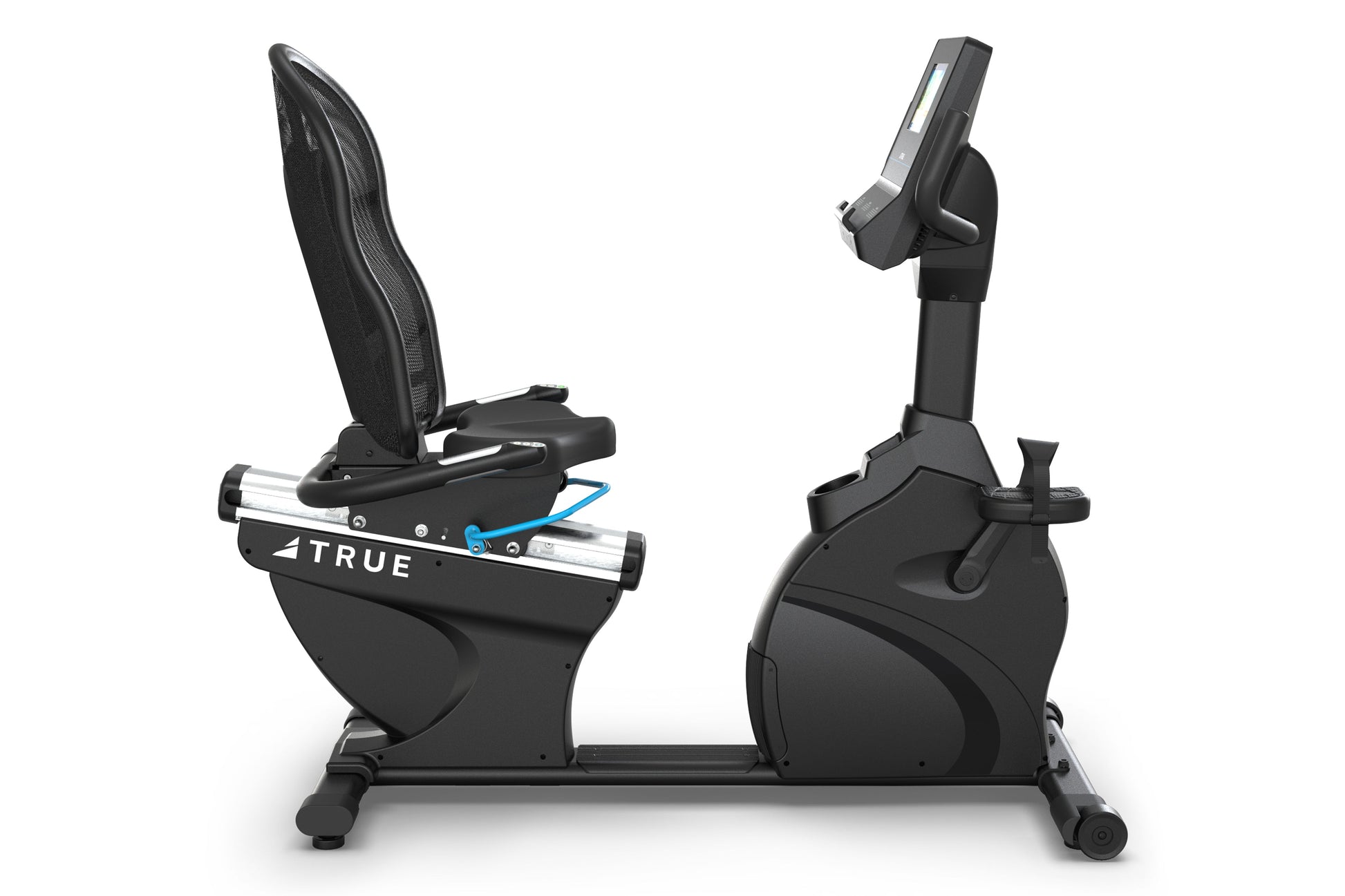 Black recumbent exercise bike with mesh backrest, digital console, and adjustable seat on white background