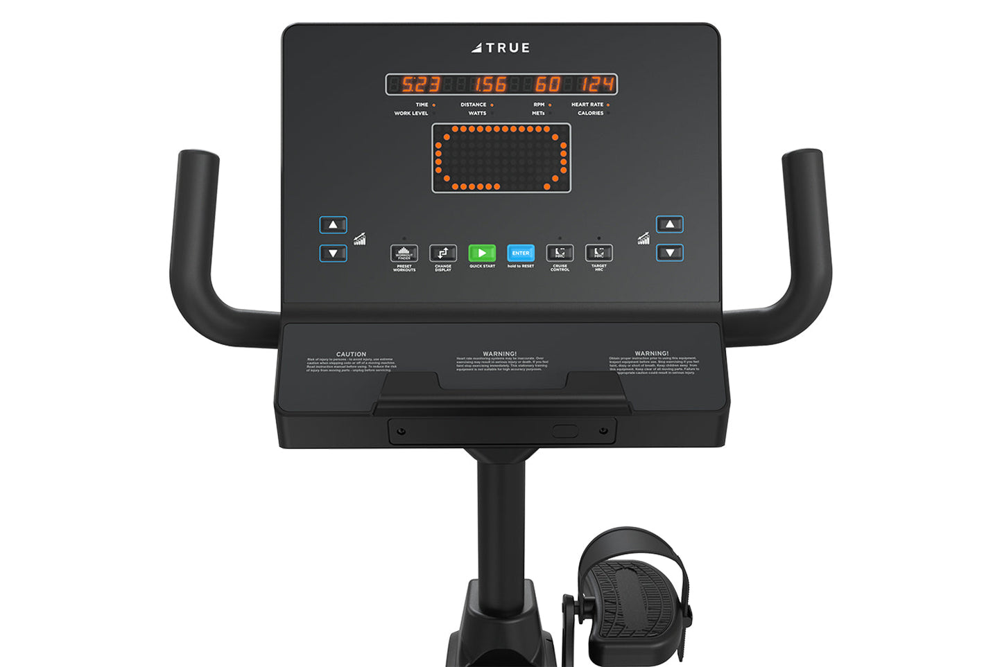 True Performance Series recumbent exercise bike with black frame, digital console displaying workout metrics in orange text, 