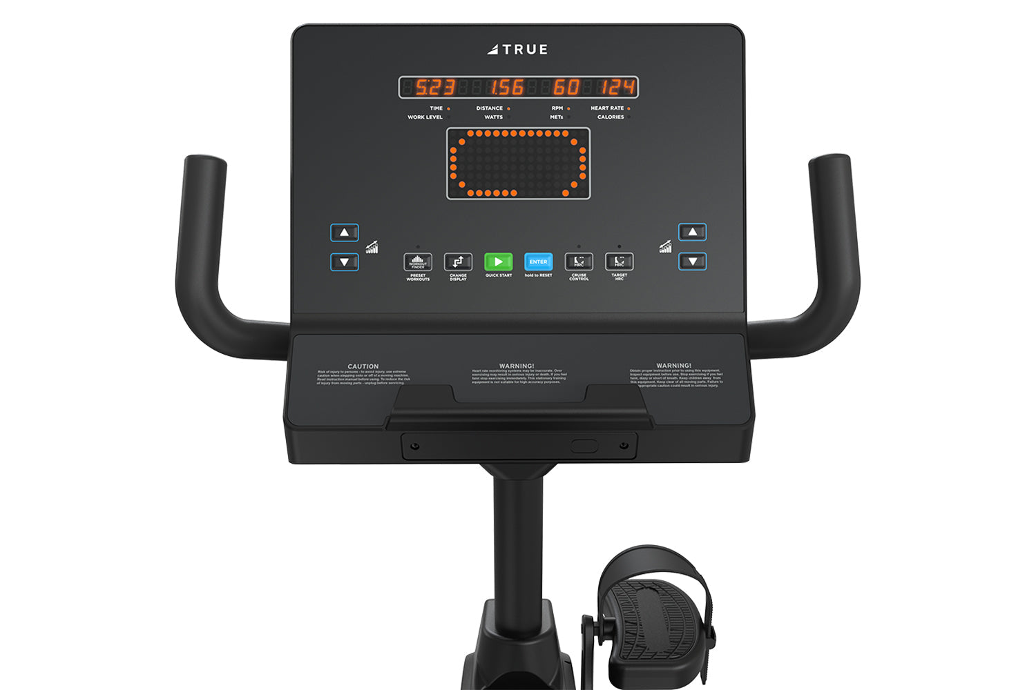 True Performance Series recumbent exercise bike with black frame, digital console displaying workout metrics in orange text, 