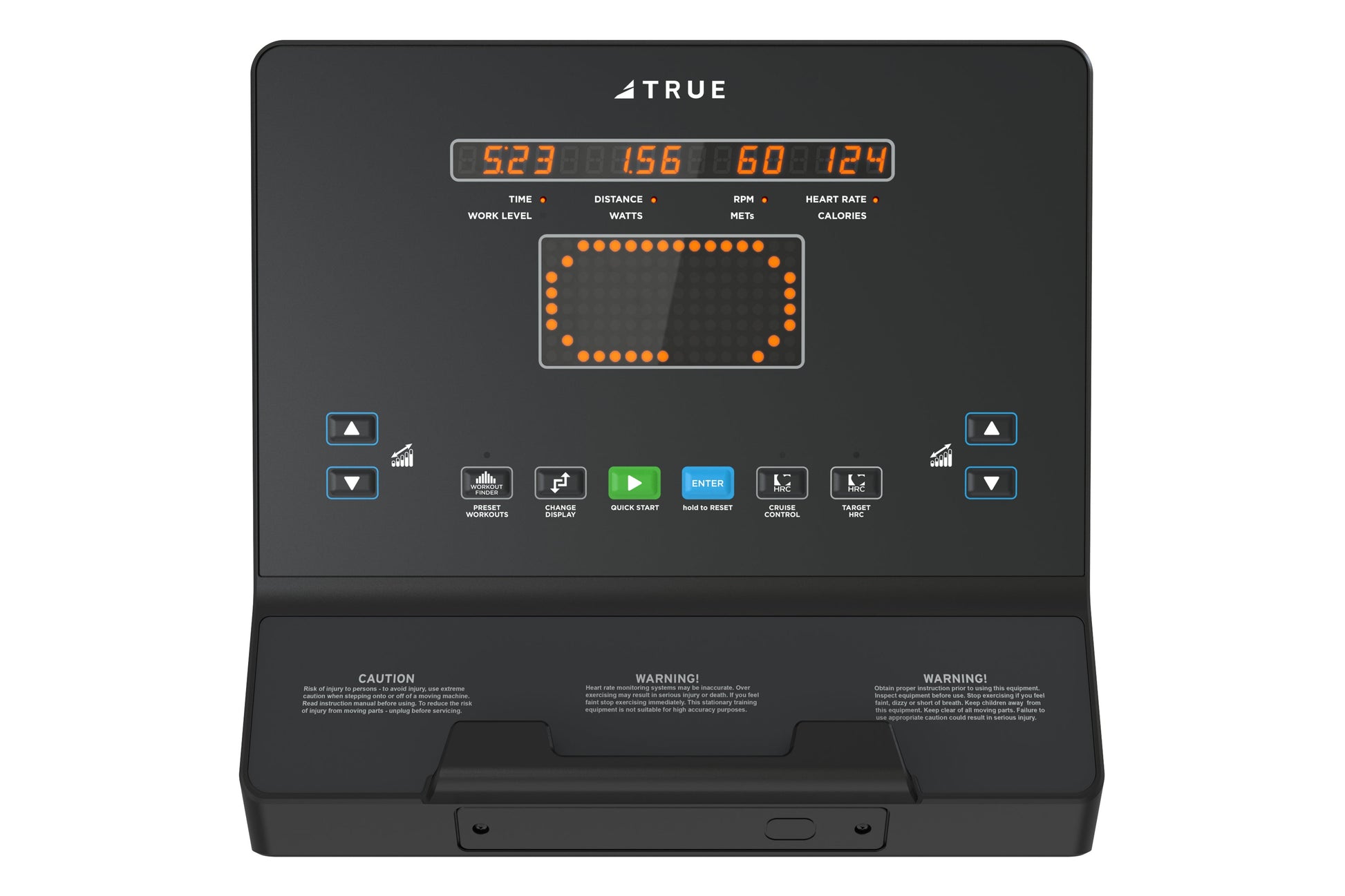 TRUE Performance Series recumbent exercise bike console displaying digital metrics including time, distance, watts, heart rat