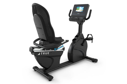 Black recumbent exercise bike with mesh backrest, digital display console, and foot pedals on white background