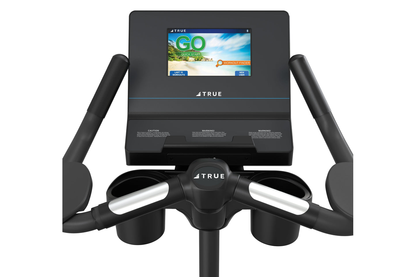 Black TRUE upright exercise bike with mounted tablet display showing GO Quick Start app and dual chrome and black handlebars,