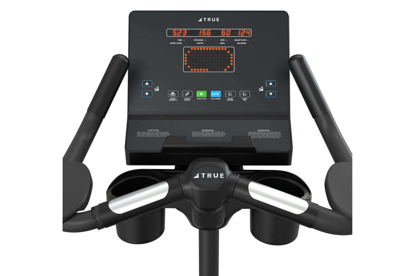 TRUE Performance Series upright exercise bike with black frame, digital display showing workout metrics in orange text, and h