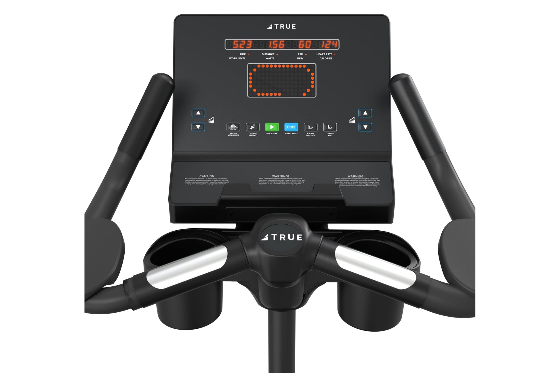 TRUE Performance Series upright exercise bike with black frame, digital display showing workout metrics in orange text, and h