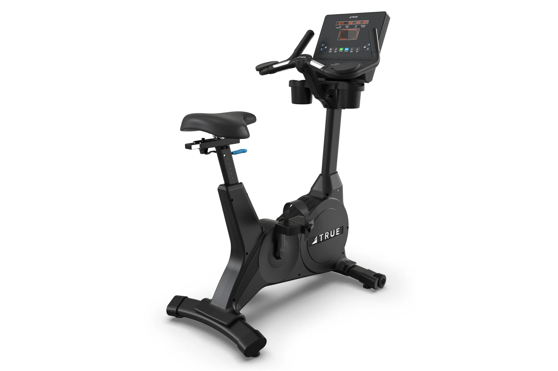 Black upright exercise bike with digital display console, padded seat, handlebars, and stable base on white background