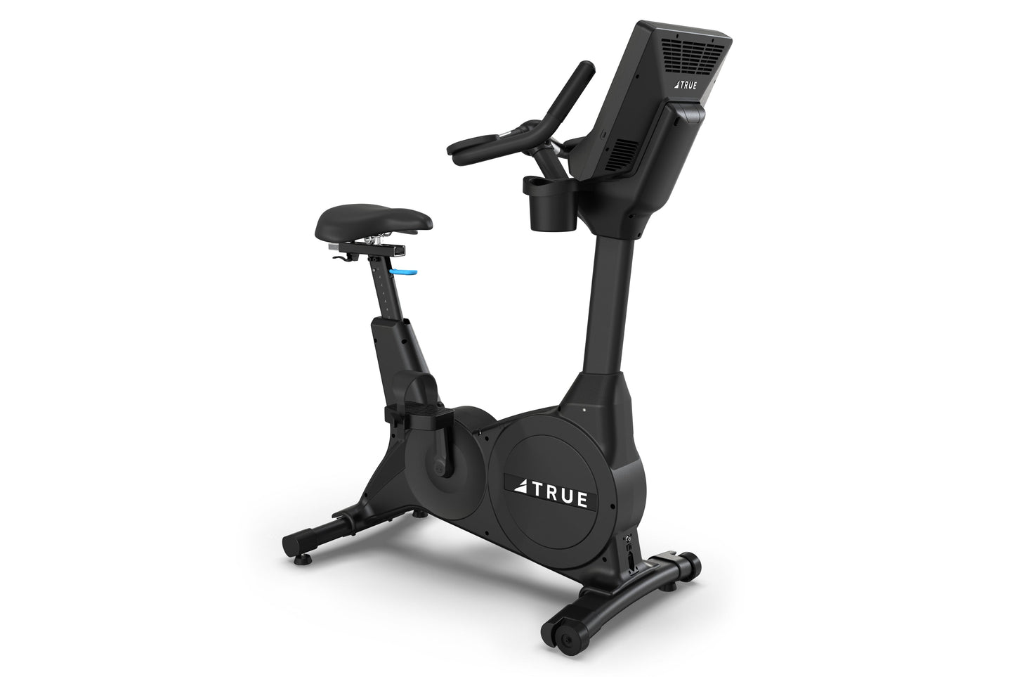 Black upright exercise bike with digital display console, padded seat, handlebars, and wheel base on white background