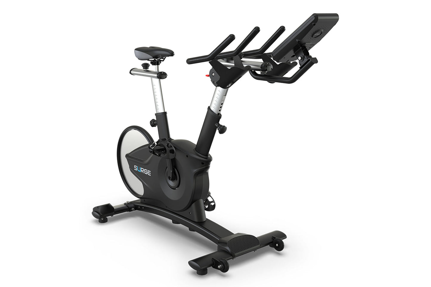 Black and silver Surge upright exercise bike with seat, handlebars, and digital console on white background