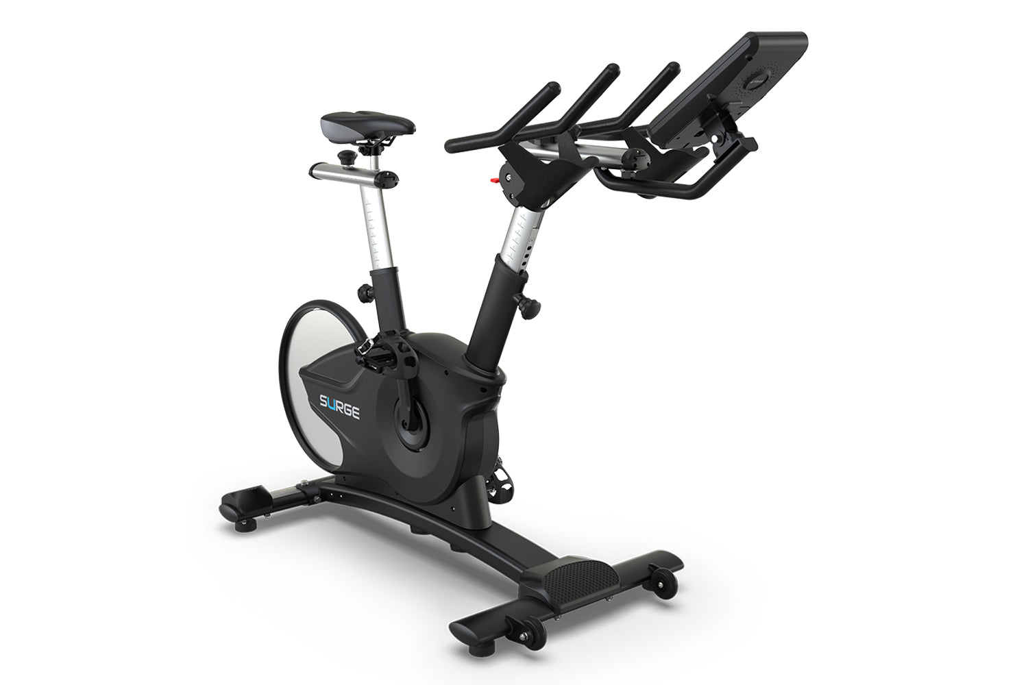 Black and silver Surge upright exercise bike with seat, handlebars, and digital console on white background