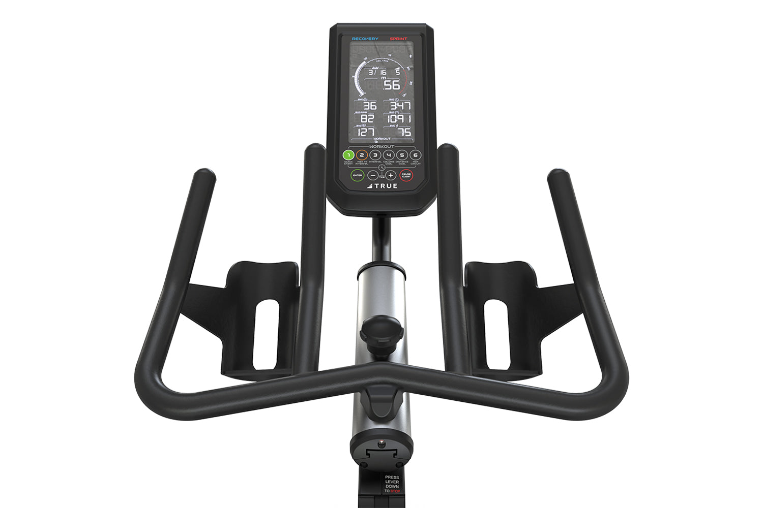 Black stationary spin bike with curved handlebar grips, digital display console showing recovery and heart rate metrics, on w