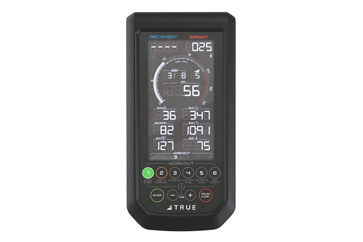 True Surge Spin Exercise Bike console with digital display showing recovery and sprint metrics, multiple data fields, and con