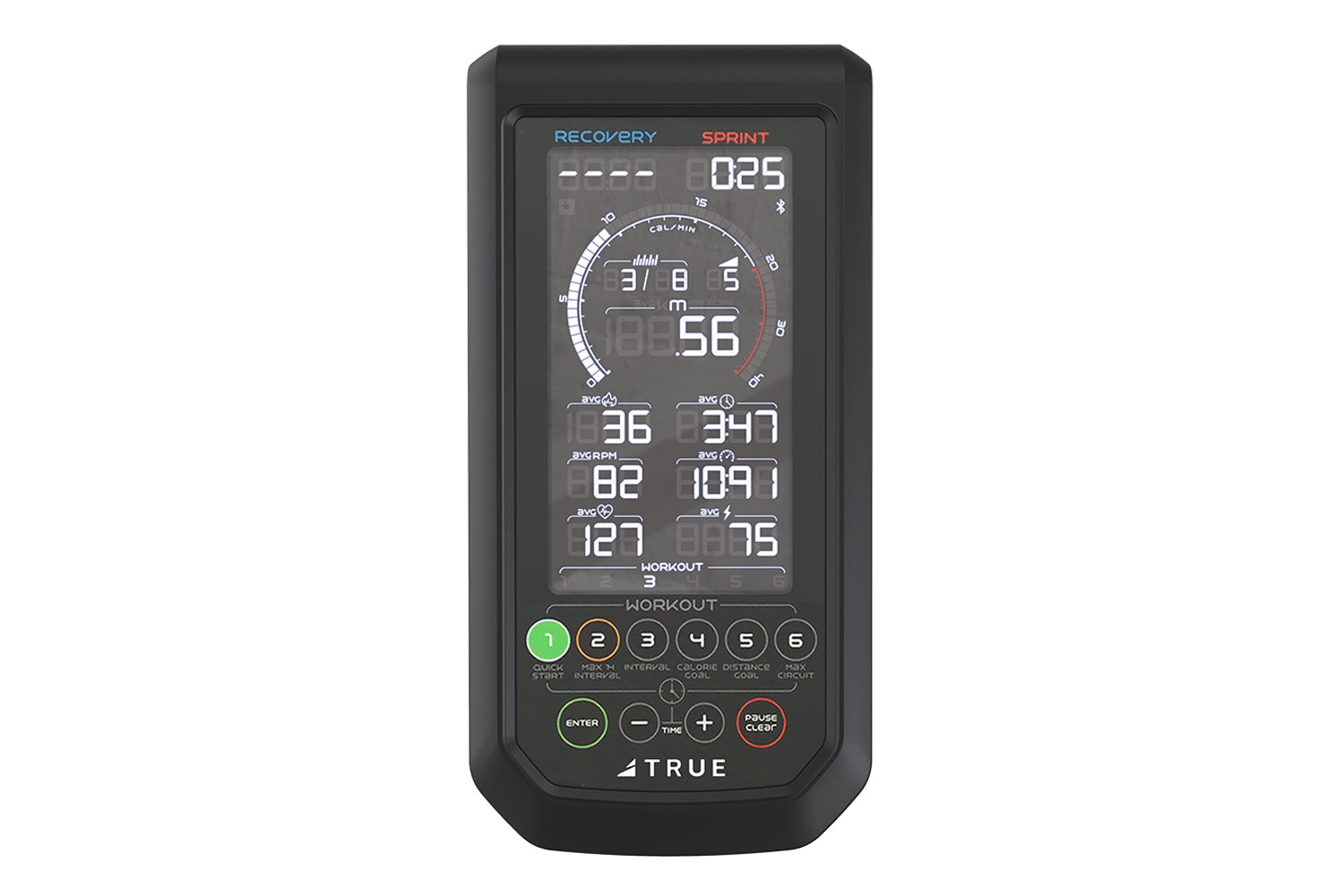 True Surge Spin Exercise Bike console with digital display showing recovery and sprint metrics, multiple data fields, and con