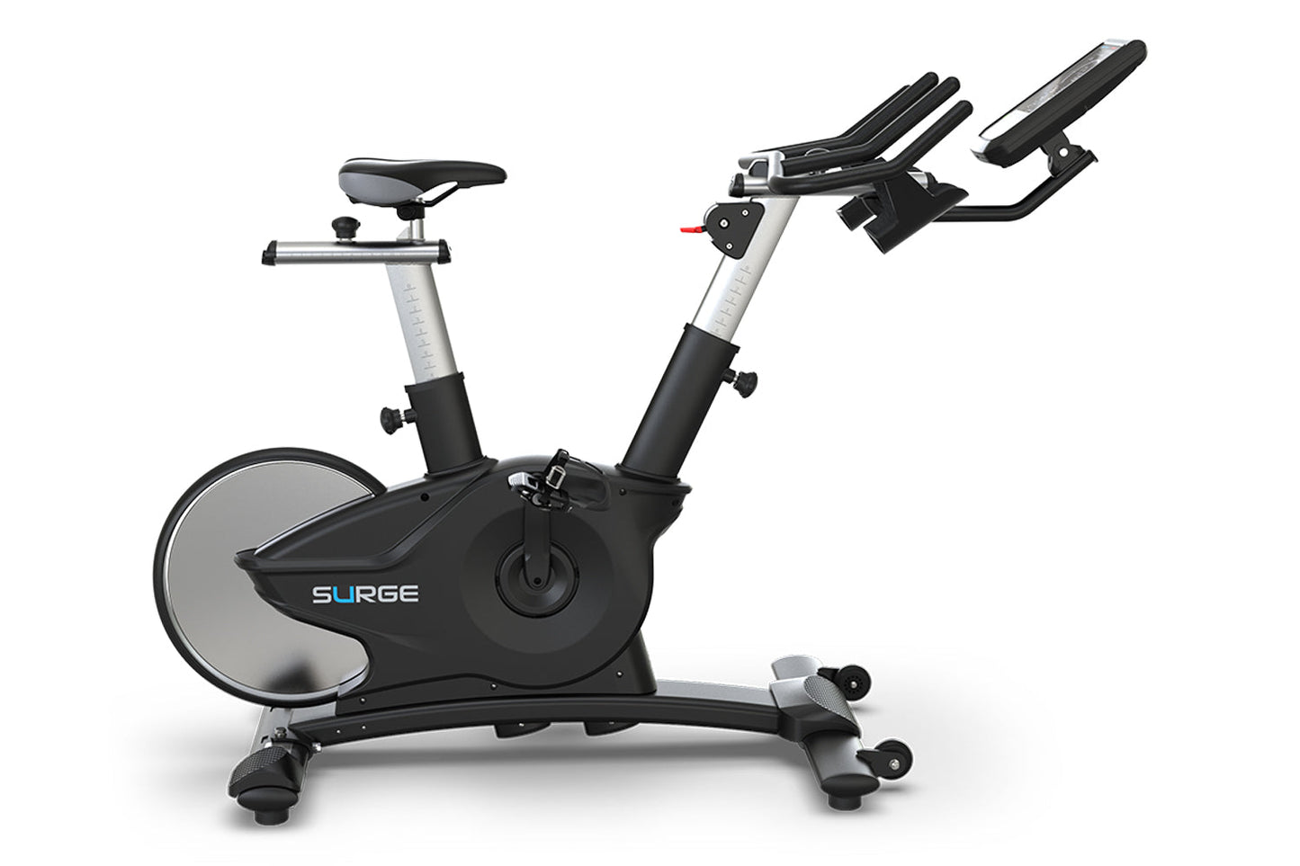 Surge black and silver upright exercise bike with curved flywheel, adjustable seat and handlebars, digital console, on white 