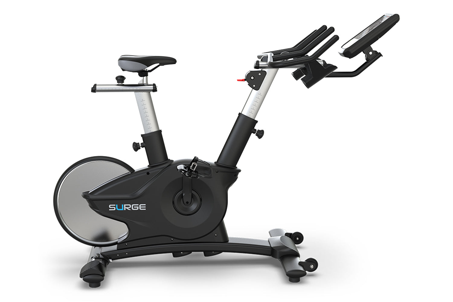 Surge black and silver upright exercise bike with curved flywheel, adjustable seat and handlebars, digital console, on white 