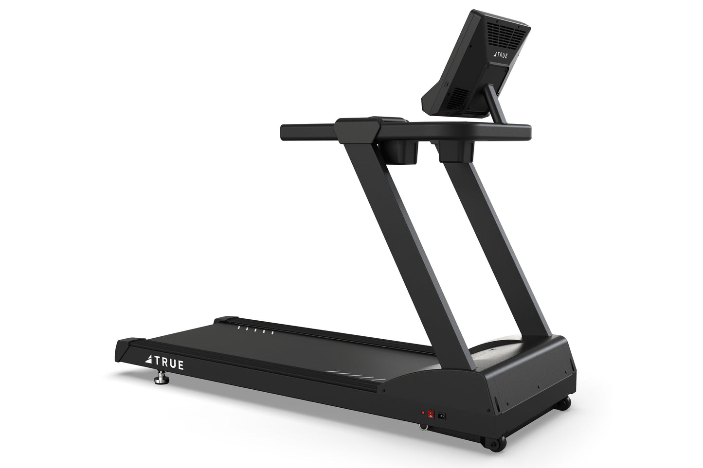Black commercial treadmill with digital display monitor, wide running deck, and dual support handles on white background