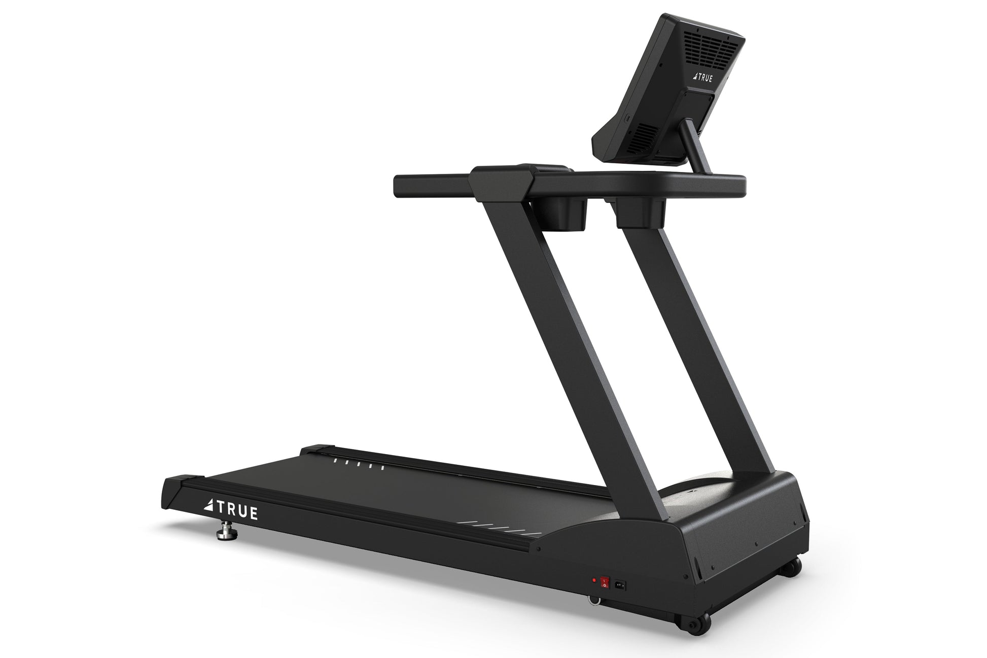 Black commercial treadmill with digital display monitor, wide running deck, and dual support handles on white background