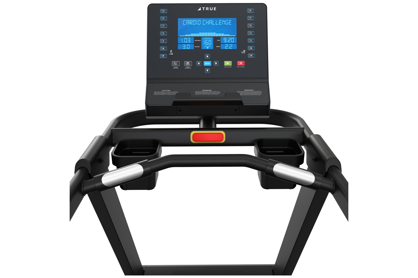 TRUE Z500 treadmill with black frame, silver handlebar grips, and blue digital display screen showing cardio challenge metric